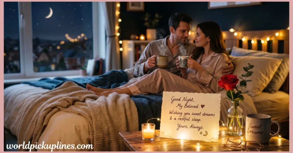 A couple in pajamas sitting on a bed at night holding mugs, looking lovingly at each other, next to a nightstand with a rose, a candle, and a handwritten good night note.