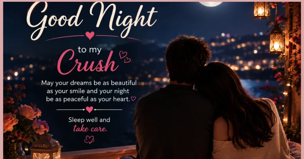 A couple seen from behind leaning on each other while looking at a illuminated night landscape, with text reading "Good Night to my Crush" and a sweet good night message.