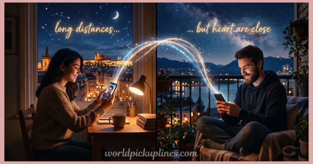 A split-screen image showing a woman and man video chatting at night under starry skies, connected by glowing trails of light, with text reading "long distances... but heart are close".