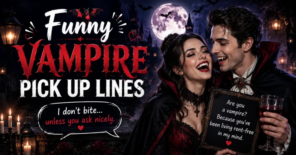 A laughing vampire couple holding a glass of wine and a sign under a full moon, with text reading "Funny Vampire Pick Up Lines."