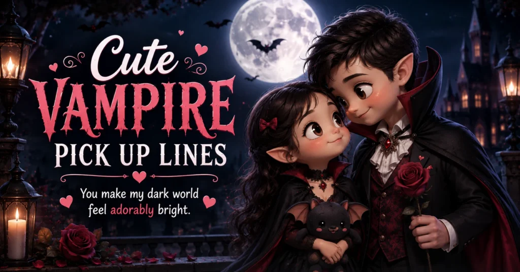 An animated cute vampire couple holding a bat plushie and a rose under a full moon, with text reading "Cute Vampire Pick Up Lines."