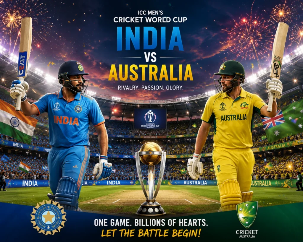 Promotional graphic for an ICC Men's Cricket World Cup match between India and Australia featuring two players facing each other beside the trophy in a fireworks-lit stadium.