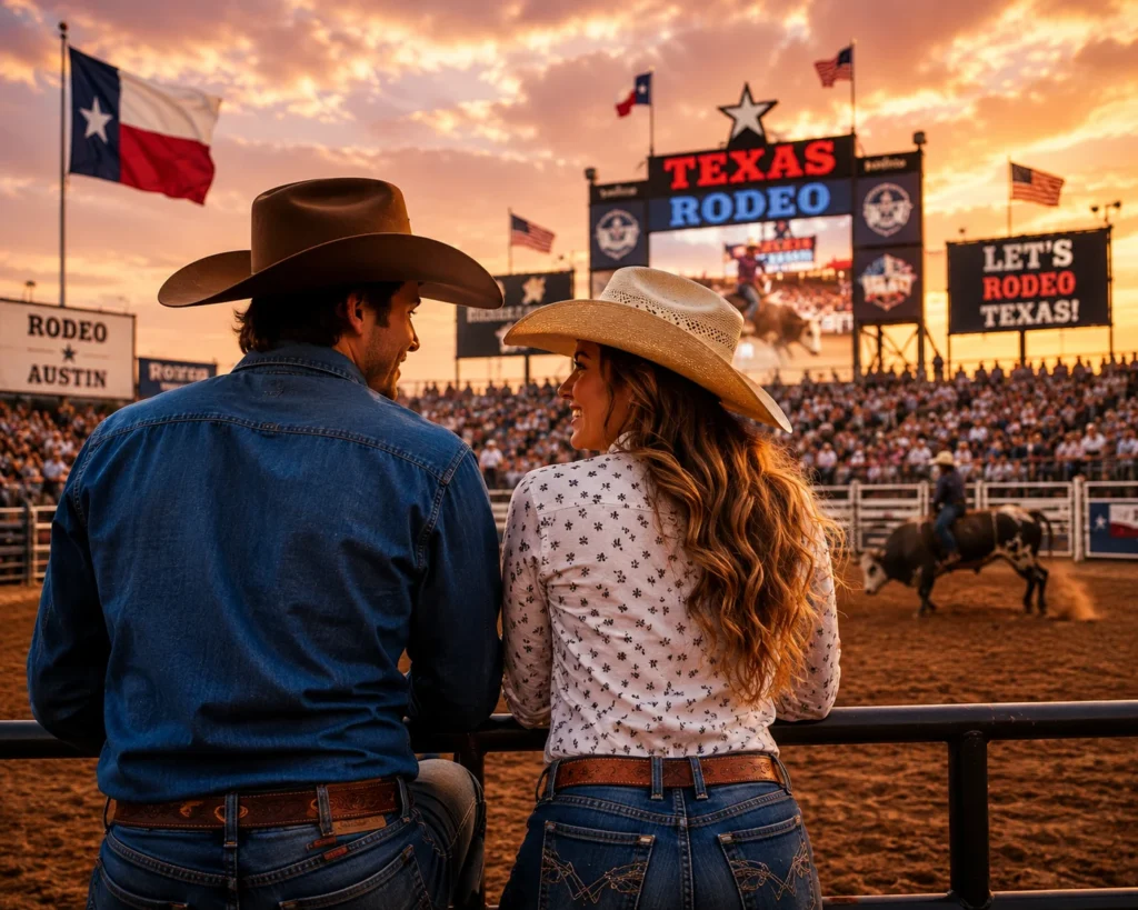 A couple in cowboy hats seen from behind looking at each other while watching a rodeo at sunset, with a "Texas Rodeo" marquee sign in the background.
