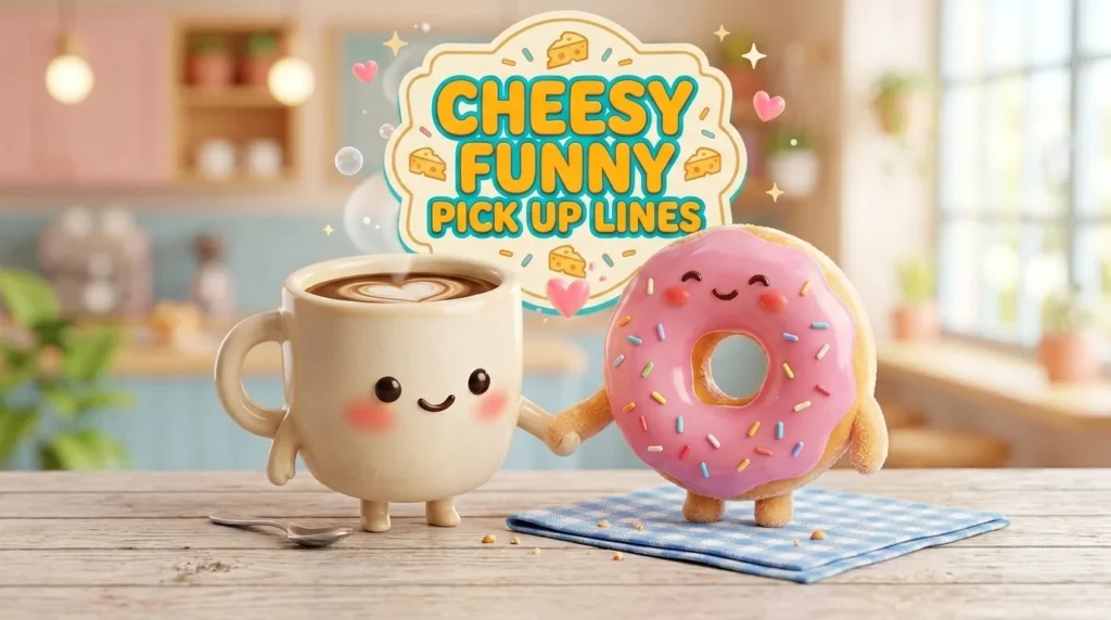 An animated coffee mug and pink frosted donut holding hands with text reading "Cheesy Funny Pick Up Lines."