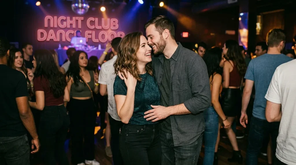A couple smiling and dancing close together on a crowded nightclub dance floor beneath a pink neon sign that reads "NIGHT CLUB DANCE FLOOR."