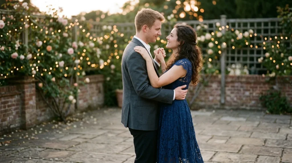 A couple dancing romantically outdoors in a courtyard decorated with string lights.