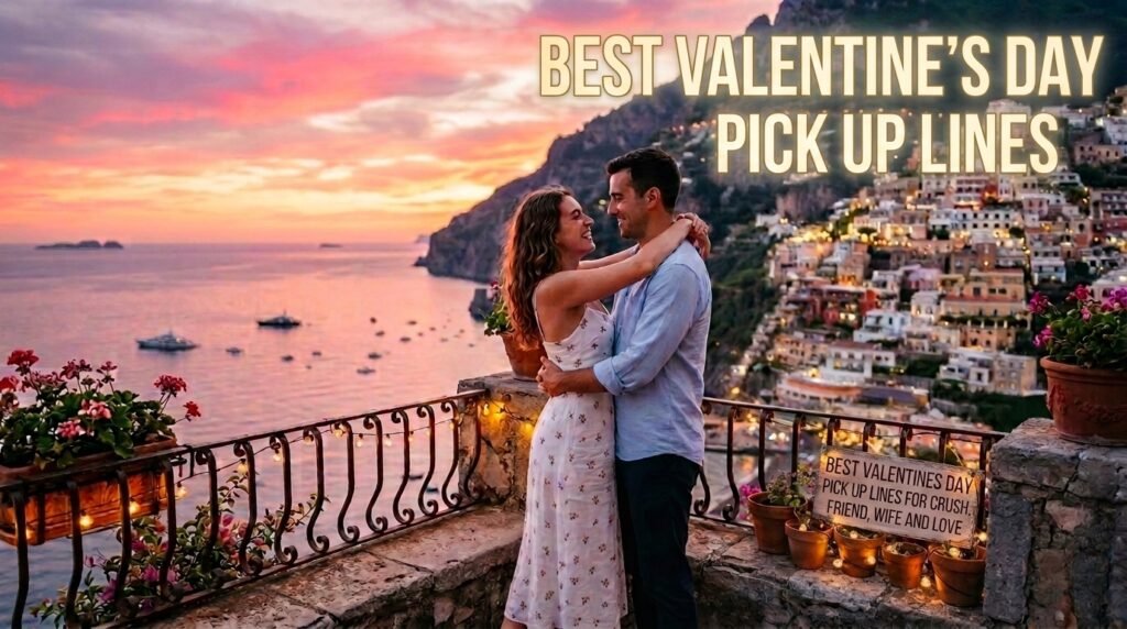 A couple embracing on a balcony overlooking a coastal Italian village at sunset, with bold text reading "BEST VALENTINE'S DAY PICK UP LINES."