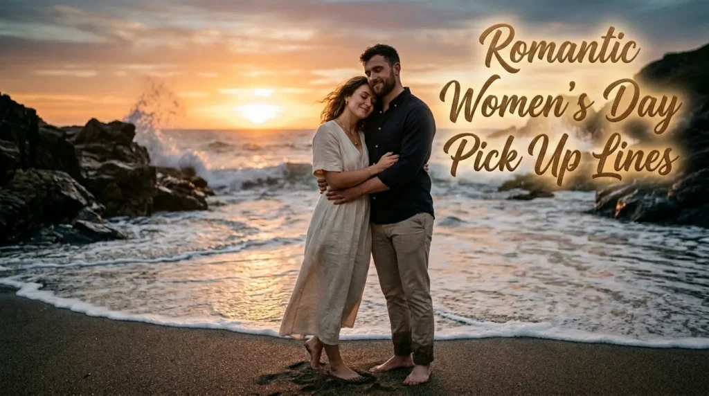 A couple embracing on a beach at sunset, with text reading "Romantic Women's Day Pick Up Lines."