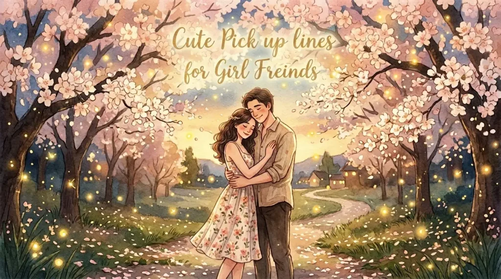 An illustrated couple embracing under blooming cherry blossom trees surrounded by glowing fireflies, with text reading "Cute Pick up lines for Girl Freinds."