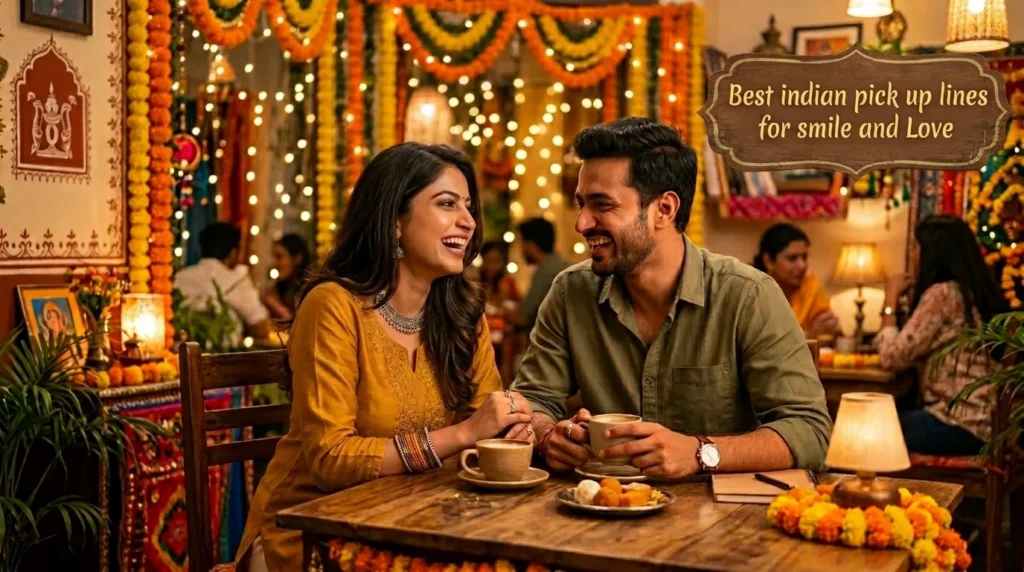 A smiling Indian couple enjoying tea and sweets at a cozy cafe decorated with fairy lights and marigolds, with text reading "Best indian pick up lines for smile and Love."