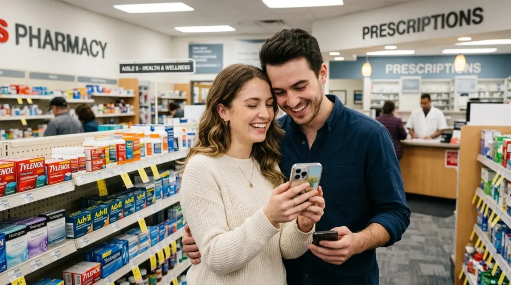 A smiling couple embracing while looking together at a smartphone in a pharmacy aisle.
