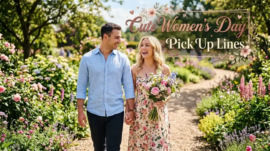 A smiling couple holding hands while walking through a flower garden, with text reading "Cute Women's Day Pick Up Lines."