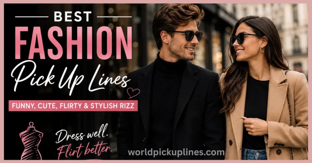 A stylish couple wearing sunglasses and chic winter coats walking together, overlaid with text reading "Best Fashion Pick Up Lines."