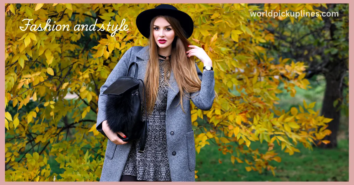 A woman posing in a wide-brim hat and grey coat amidst golden autumn leaves, labeled "Fashion and style."