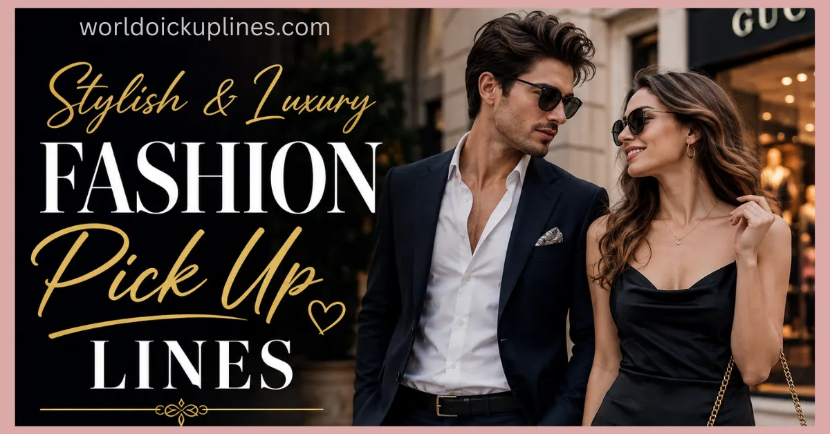 A sophisticated couple in formal black attire and sunglasses standing outside a luxury store, overlaid with text reading "Stylish & Luxury Fashion Pick Up Lines."