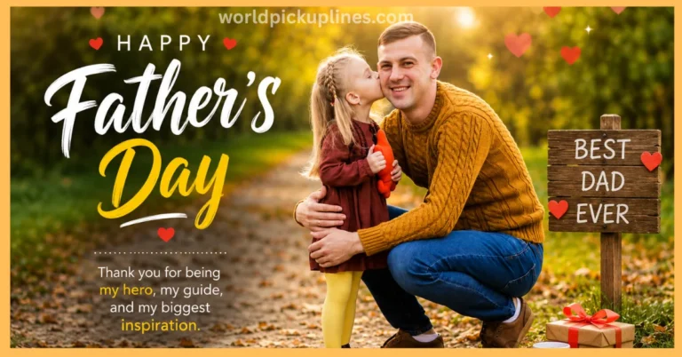 A young girl kissing her smiling father on the cheek in an outdoor setting, with text reading "Happy Father's Day."