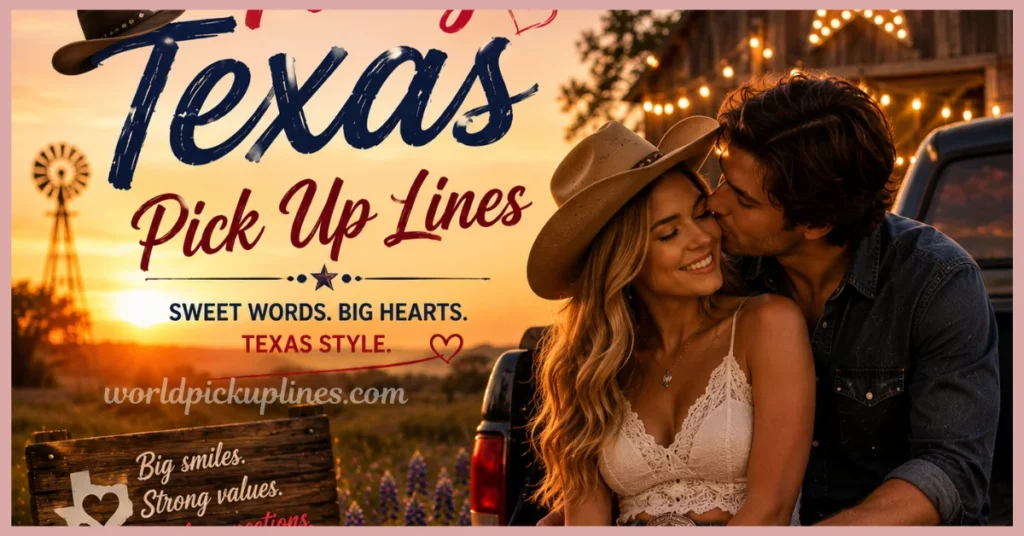 A man kissing a woman on the cheek outdoors at sunset near a pickup truck and windmill, with text reading "Texas Pick Up Lines" and "Sweet Words. Big Hearts. Texas Style."