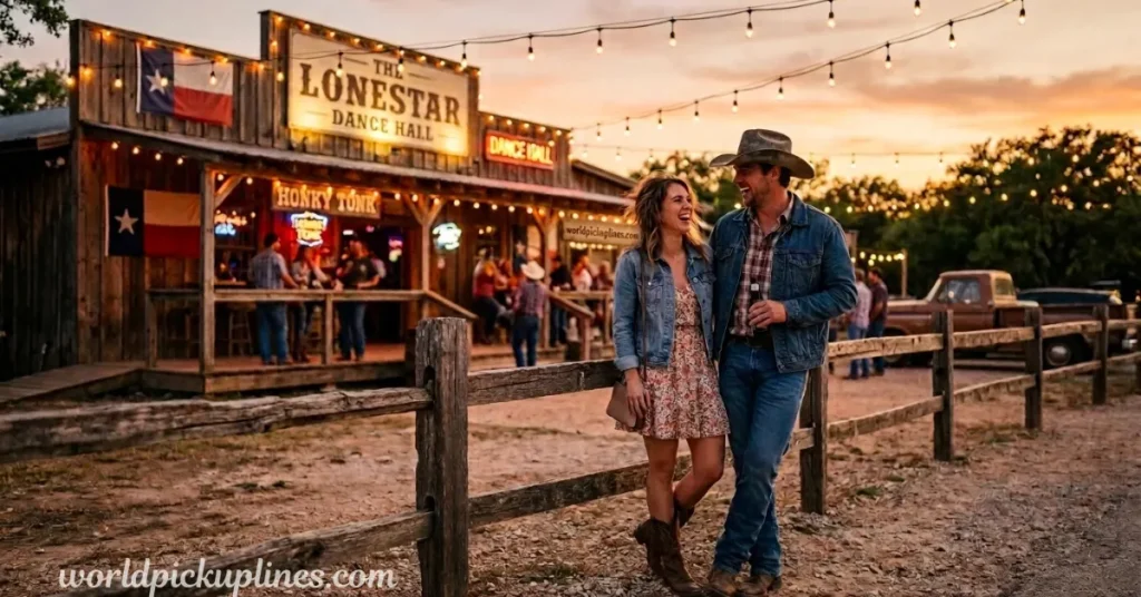 A laughing couple leaning against a wooden fence at dusk in front of a rustic Texas dance hall lit with string lights.