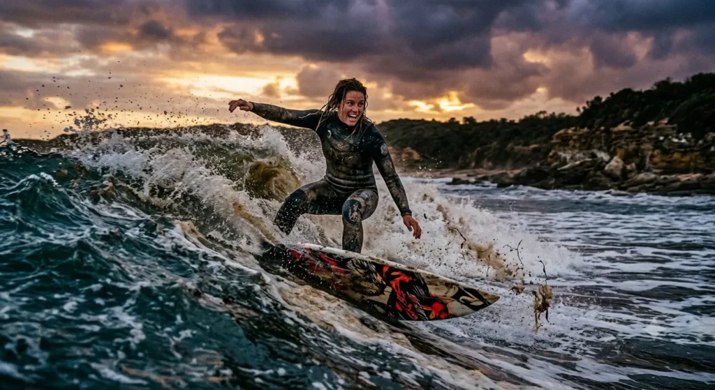 A surfer in a mud-splattered wetsuit riding a churning wave on a bold, patterned surfboard against a dramatic sunset sky.