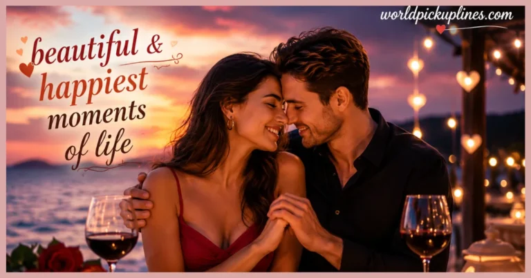 A romantic couple touching foreheads during a seaside dinner at sunset, next to text reading "beautiful & happiest moments of life."