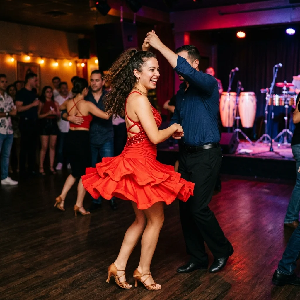 A smiling woman in a red dress dancing salsa with a partner in a lively club setting.