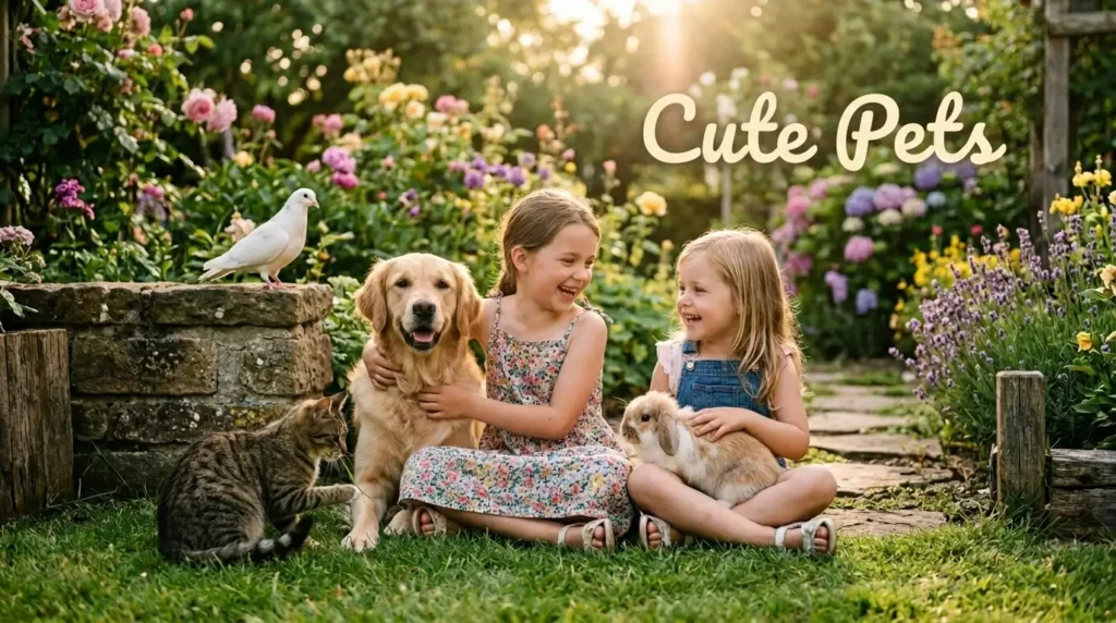Two young girls sitting in a flower garden surrounded by a dog, cat, rabbit, and dove, with text reading "Cute Pets."