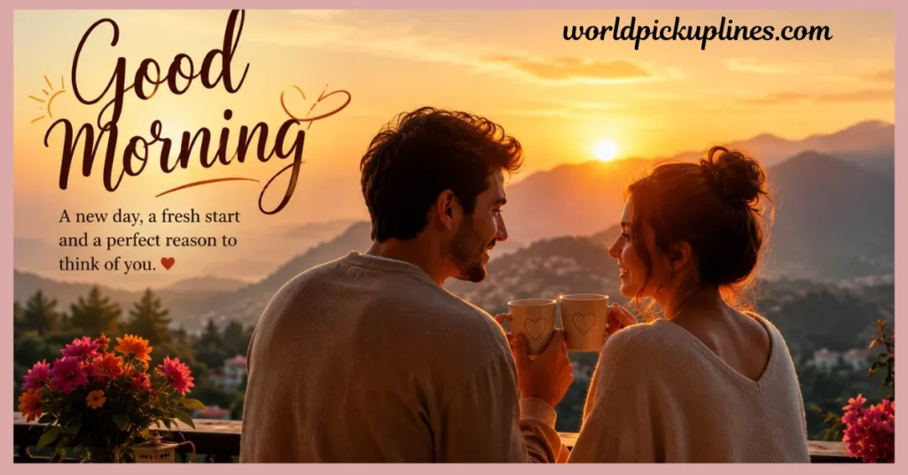 A couple clinking coffee mugs together while looking at each other during a scenic mountain sunrise, with text reading "Good Morning."