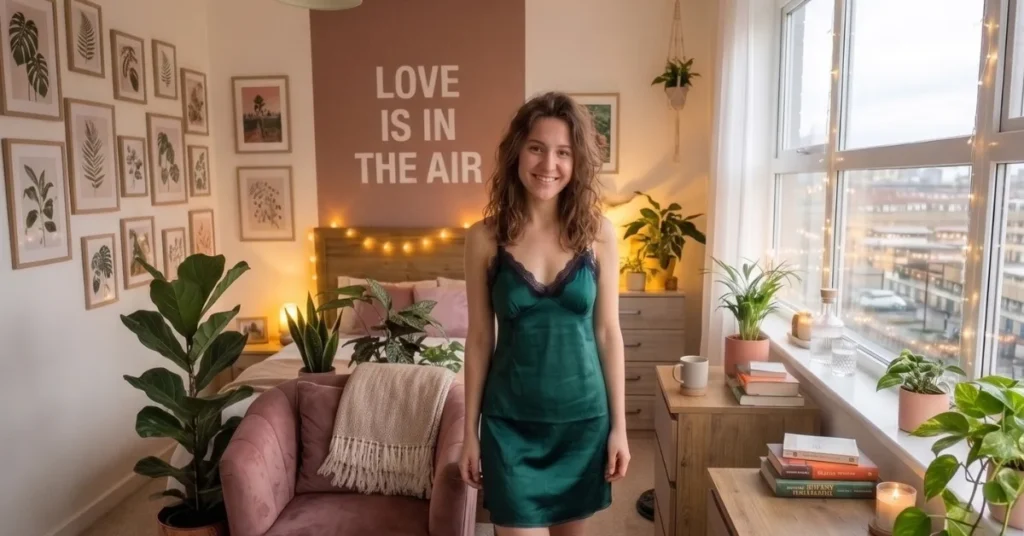 A smiling young woman in a green silk nightgown standing in a cozy, plant-filled bedroom.