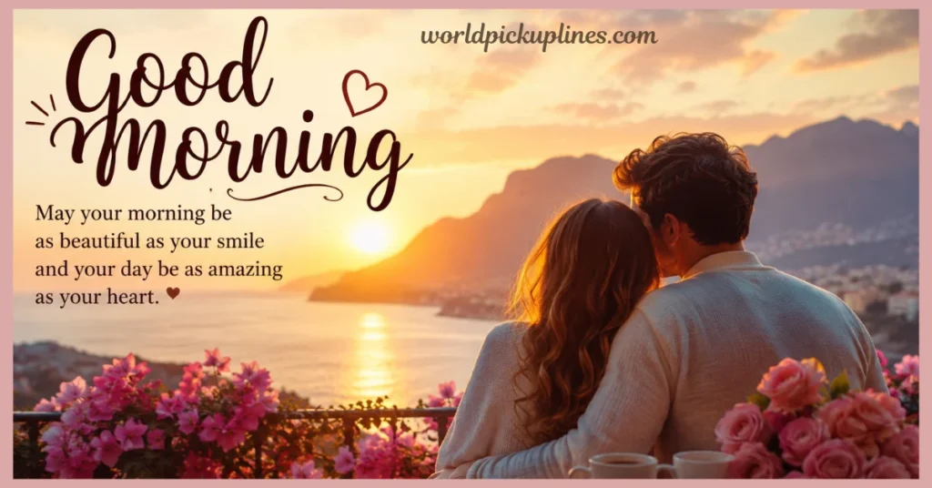 A couple viewed from behind hugging while watching the sunrise over the sea, with text reading "Good Morning."