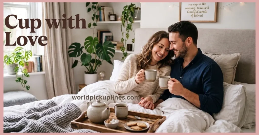 A cozy couple sitting in bed holding mugs together near a tea tray, next to text reading "Cup with Love."