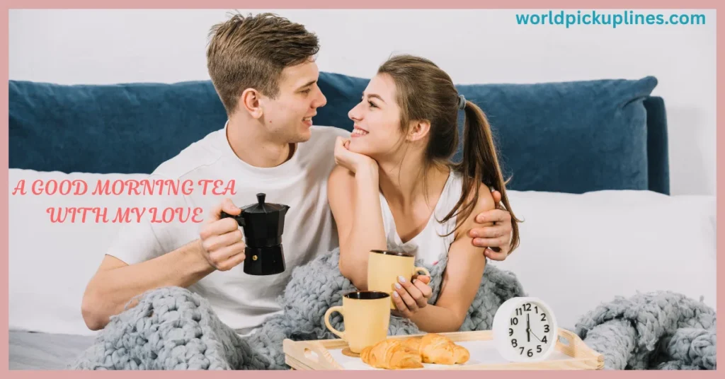A smiling couple cozy in bed with hot drinks, croissants on a breakfast tray, and text reading "A Good Morning Tea With My Love."