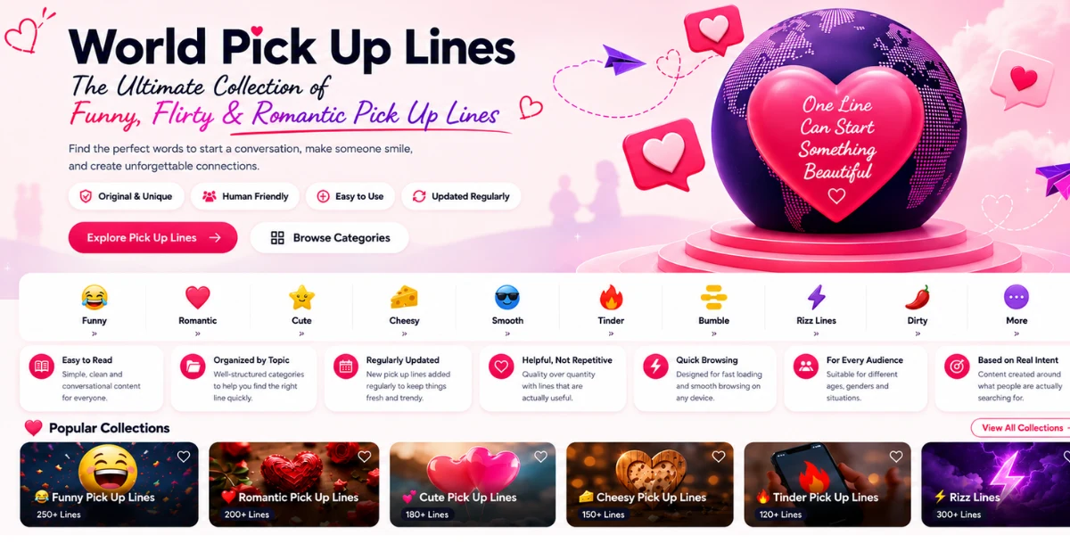 A website homepage for "World Pick Up Lines" featuring categories, features, and popular line collections.