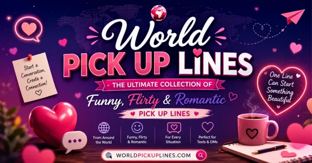Website banner for World Pick Up Lines against a dark purple, heart-filled background, featuring stylized typography, small feature icons, a pinned note, and a steaming coffee mug.