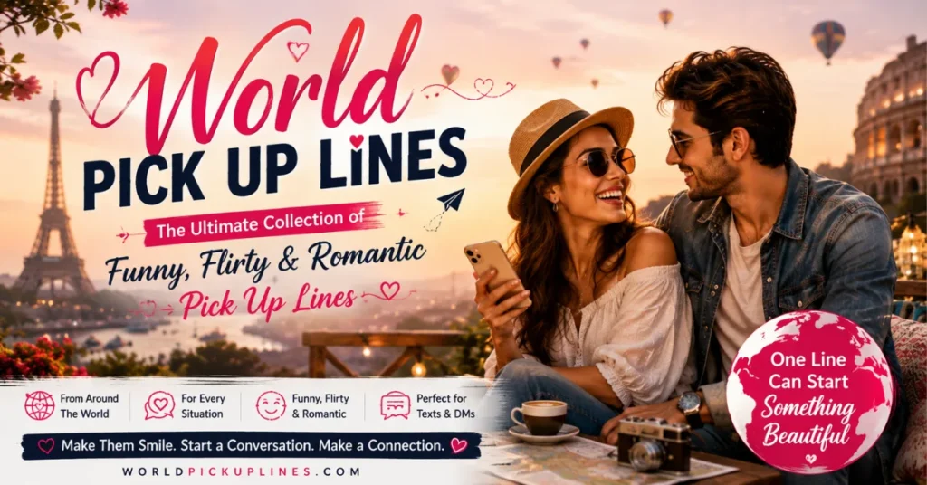 Website graphic for World Pick Up Lines featuring a smiling young couple looking at a smartphone outdoors, set against European landmarks like the Eiffel Tower and the Colosseum at sunset.