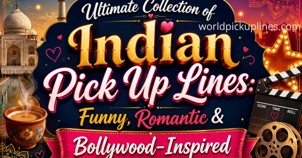 Promotional image for "Indian Pick Up Lines," featuring the Taj Mahal, a cup of chai, and a film clapboard.
