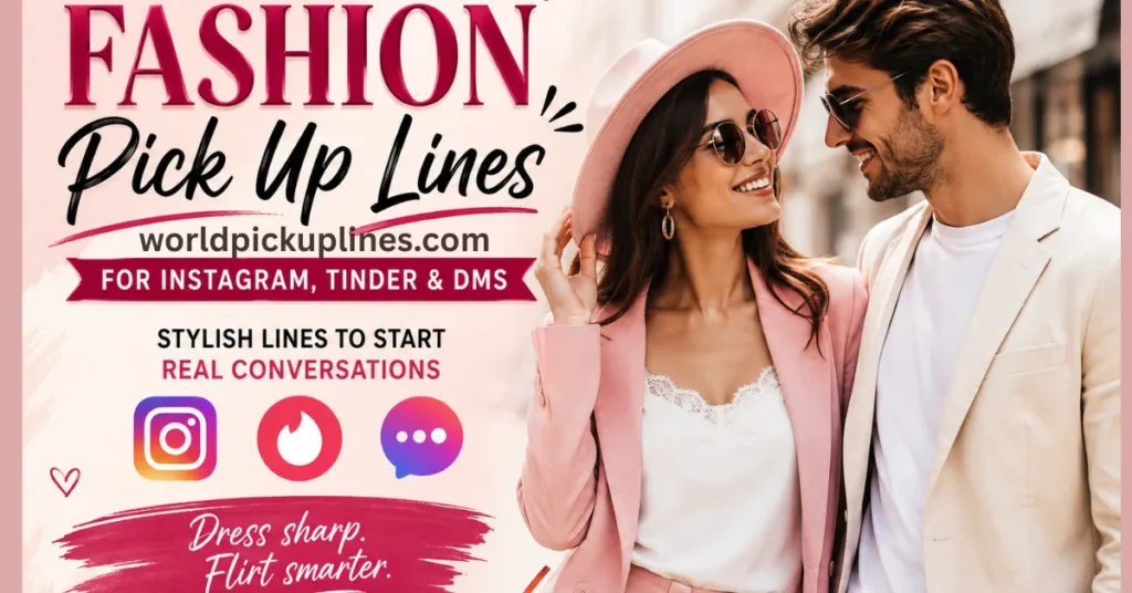 A chic couple in pastel outfits smiling at each other outdoors, next to text reading "Fashion Pick Up Lines For Instagram, Tinder & DMs."
