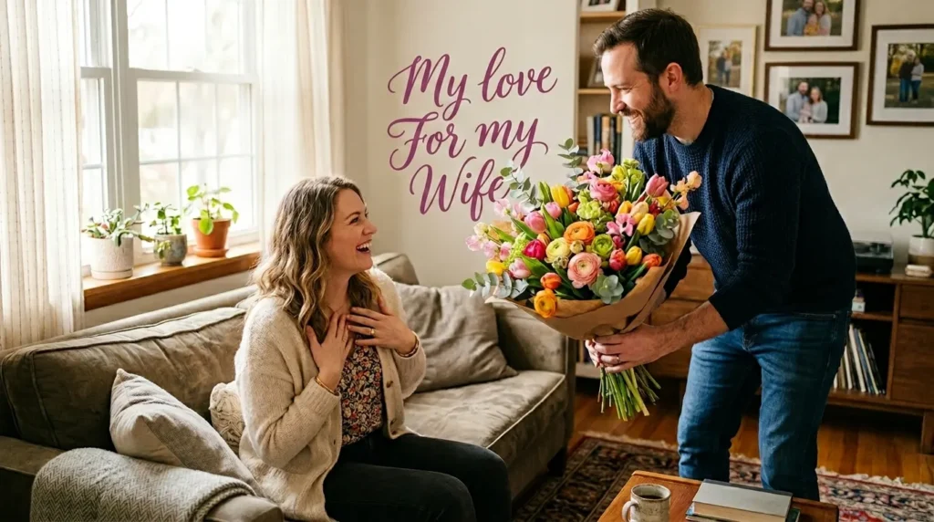 A smiling man surprising his seated wife with a large bouquet of colorful flowers, with text reading "My love For my Wife."