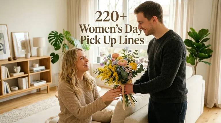 A smiling man presenting a colorful bouquet of flowers to a seated woman, with overlay text reading "220+ Women's Day Pick Up Lines."