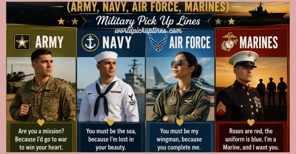 A four-panel graphic displaying members of the U.S. Army, Navy, Air Force, and Marines, each paired with a branch-themed pick-up line.