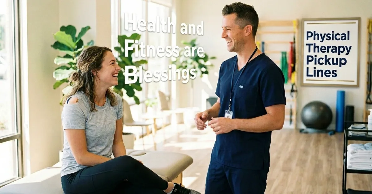 A smiling woman on an examination table chatting with a male physical therapist in a clinic.