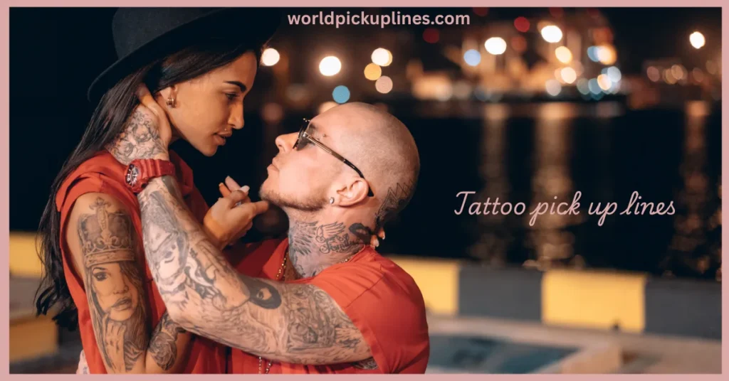 A heavily tattooed couple embracing intimately at night near a waterfront, with cursive text reading "Tattoo pick up lines".