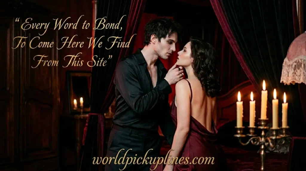 A man gently touch's a woman's chin in a dimly lit, romantic room with burning candles and dark velvet curtains.