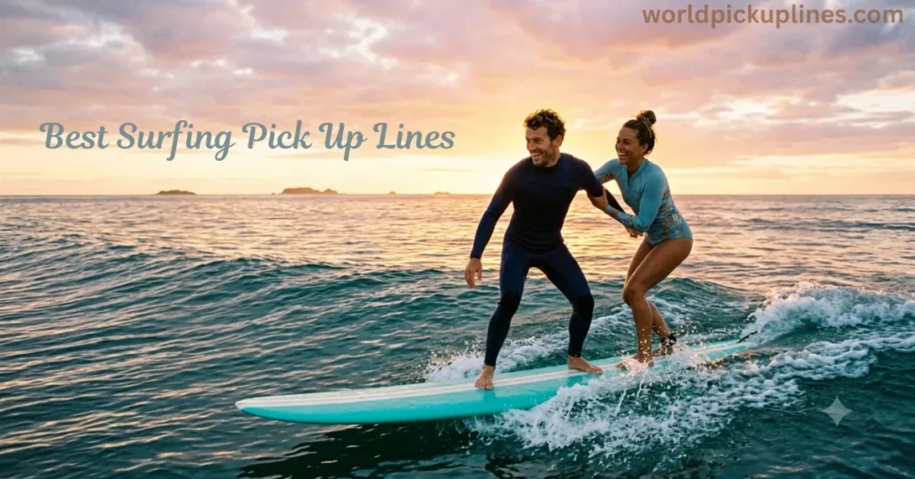 A smiling couple surfing together on a longboard during sunset, accompanied by text reading "Best Surfing Pick Up Lines."
