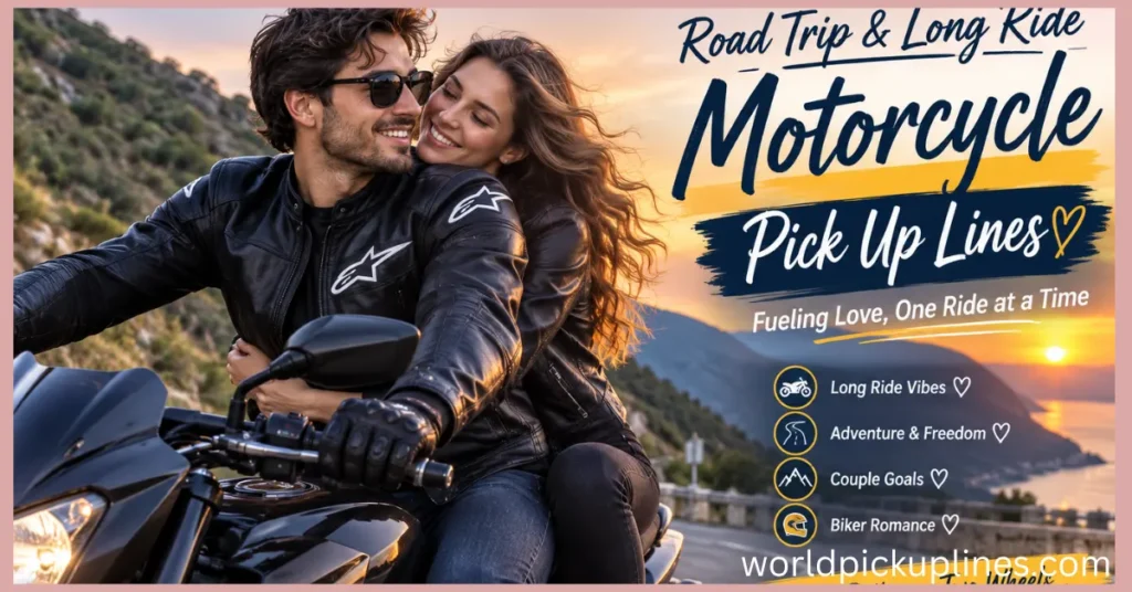 A smiling couple in black leather jackets riding a motorcycle along a scenic coastal road at sunset, next to text reading "Road Trip & Long Ride Motorcycle Pick Up Lines."