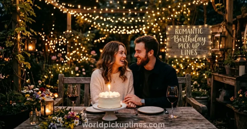A smiling couple sitting together at a wooden outdoor table decorated with string lights, holding hands in front of a small birthday cake.