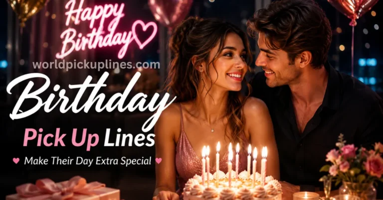 A smiling young couple sitting together in front of a glowing birthday cake with text reading "Birthday Pick Up Lines."