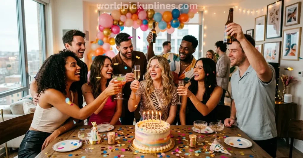 A group of friends laughing and raising toasts around a birthday cake with lit candles at a decorated indoor party.