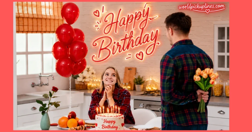 A man hiding a bouquet of flowers behind his back surprises a smiling woman sitting at a table with a birthday cake.