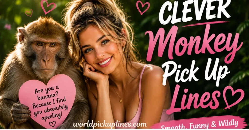 A smiling young woman sitting next to a monkey holding a pink heart-shaped sign, with text reading "Clever Monkey Pick Up Lines."