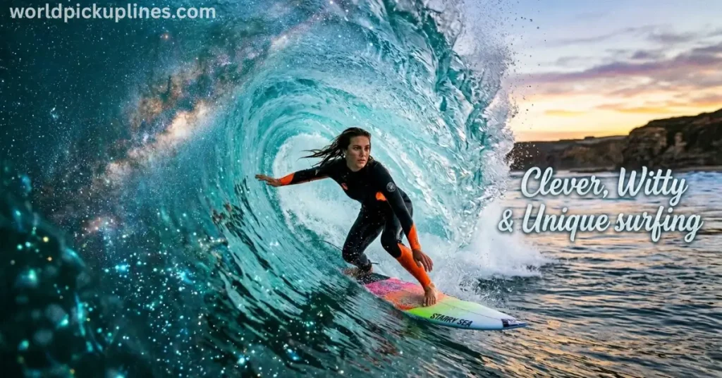 A woman surfing inside a luminous, starry barrel wave, with text reading "Clever, Witty & Unique surfing."